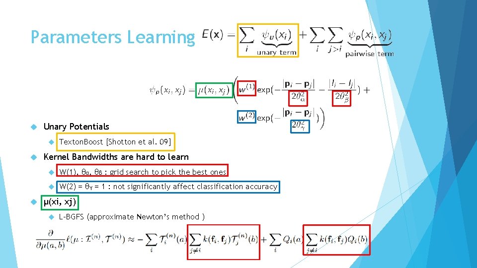 Parameters Learning Unary Potentials Texton. Boost [Shotton et al. 09] Kernel Bandwidths are hard