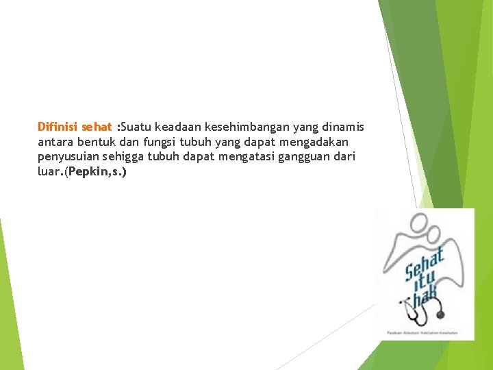 Difinisi sehat : Suatu keadaan kesehimbangan yang dinamis antara bentuk dan fungsi tubuh yang Difinisi sehat : Suatu keadaan kesehimbangan yang dinamis antara bentuk dan fungsi tubuh yang