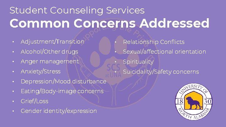 Student Counseling Services Common Concerns Addressed • Adjustment/Transition • Relationship Conflicts • Alcohol/Other drugs