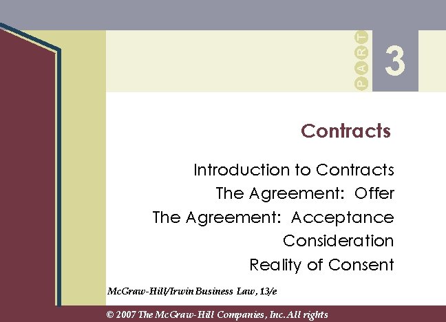 P A R T 3 Contracts Introduction to Contracts The Agreement: Offer The Agreement: