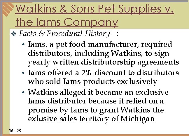 Watkins & Sons Pet Supplies v. the lams Company & Procedural History : w