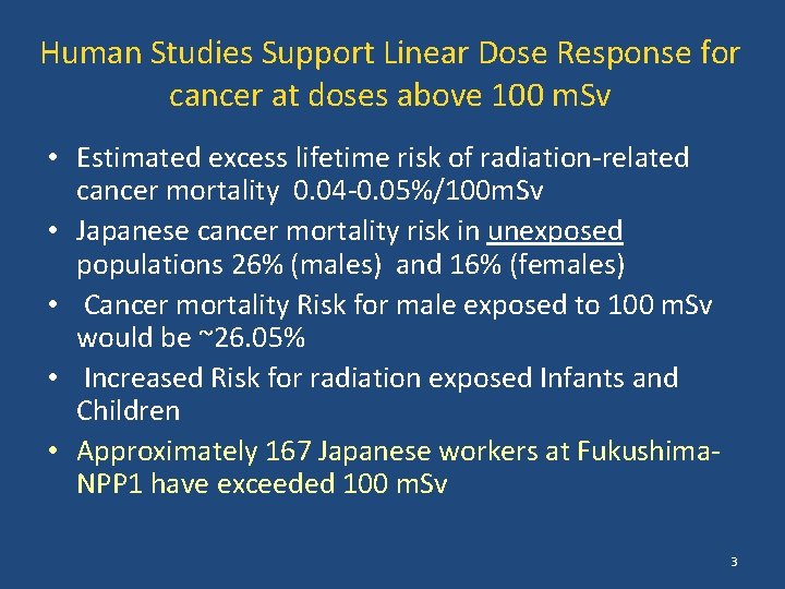 Human Studies Support Linear Dose Response for cancer at doses above 100 m. Sv