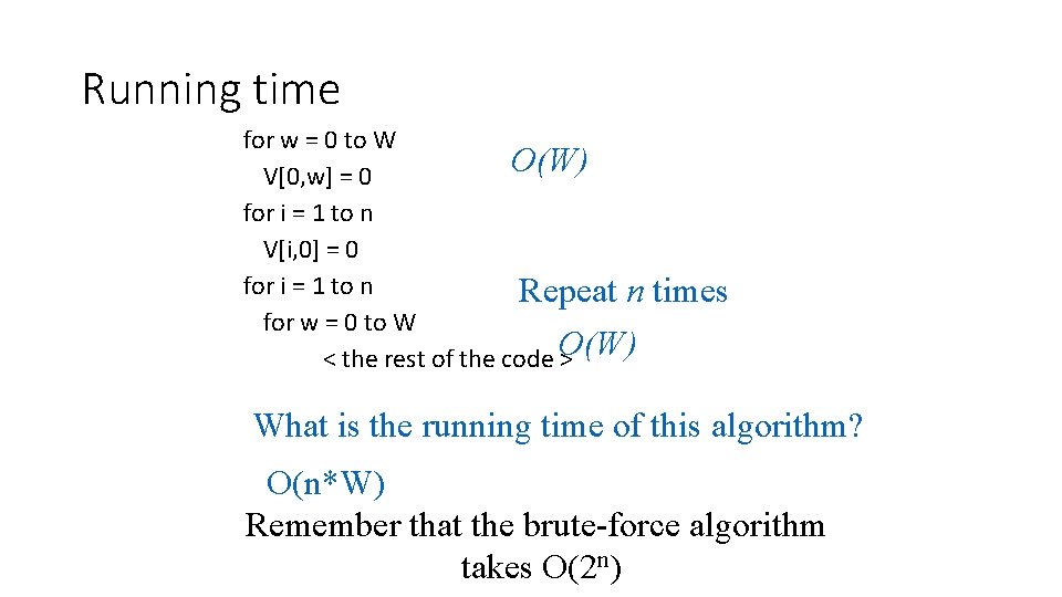 Running time for w = 0 to W O(W) V[0, w] = 0 for