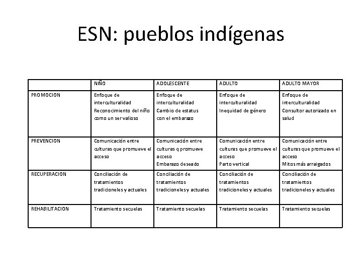 ESN: pueblos indígenas NIÑO ADOLESCENTE ADULTO MAYOR PROMOCION Enfoque de interculturalidad Reconocimiento del niño