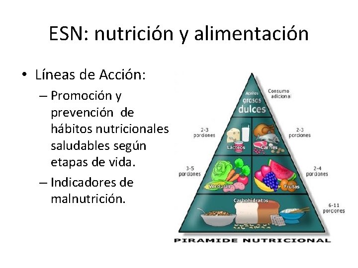 ESN: nutrición y alimentación • Líneas de Acción: – Promoción y prevención de hábitos