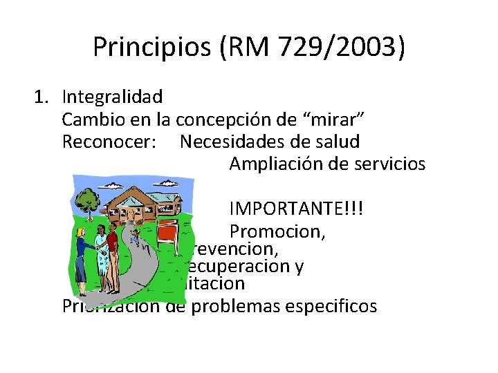 Principios (RM 729/2003) 1. Integralidad Cambio en la concepción de “mirar” Reconocer: Necesidades de