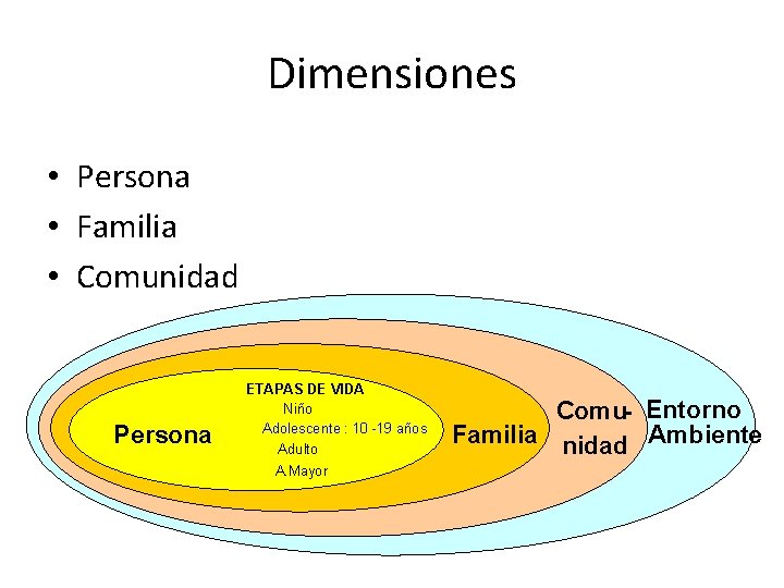 Dimensiones • Persona • Familia • Comunidad Persona ETAPASDE CICLOS DEVIDA Niñ@ Niño Adolescente