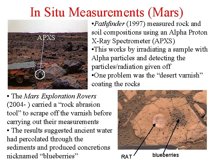 In Situ Measurements (Mars) APXS • Pathfinder (1997) measured rock and soil compositions using