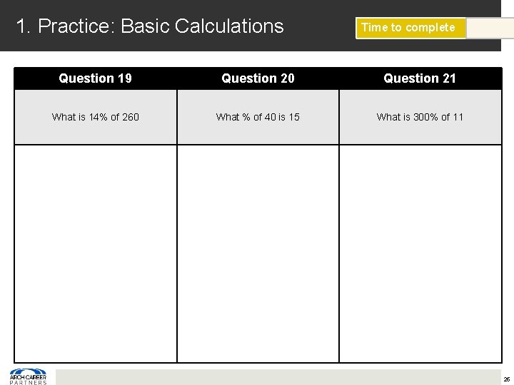 1. Practice: Basic Calculations Time to complete Question 19 Question 20 Question 21 What