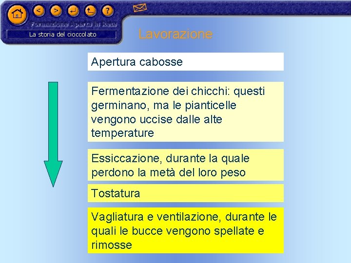 La storia del cioccolato Lavorazione Apertura cabosse Fermentazione dei chicchi: questi germinano, ma le