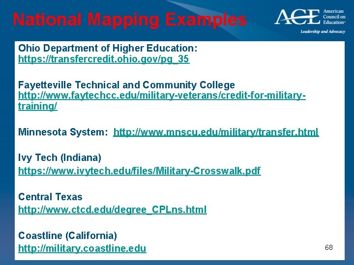National Mapping Examples Ohio Department of Higher Education: https: //transfercredit. ohio. gov/pg_35 Fayetteville Technical