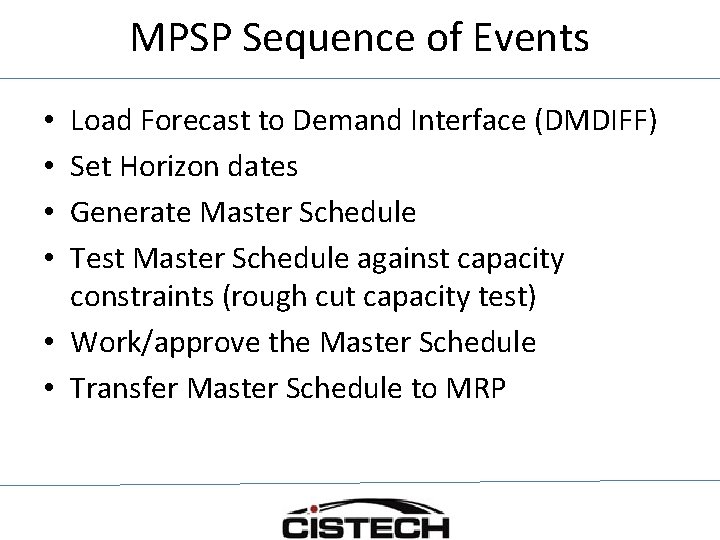 MPSP Sequence of Events Load Forecast to Demand Interface (DMDIFF) Set Horizon dates Generate