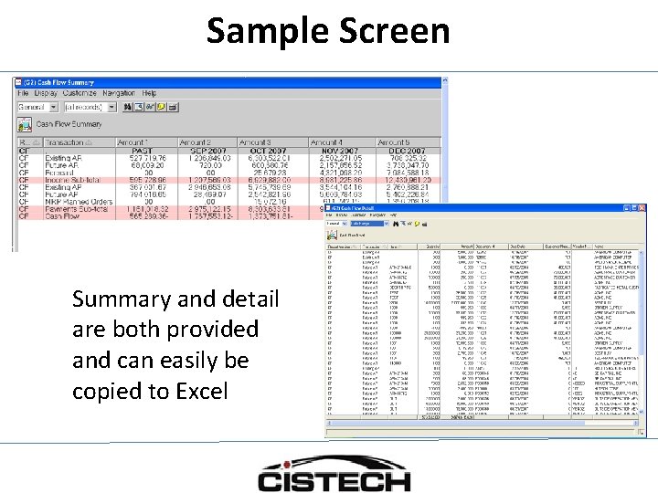 Sample Screen Summary and detail are both provided and can easily be copied to