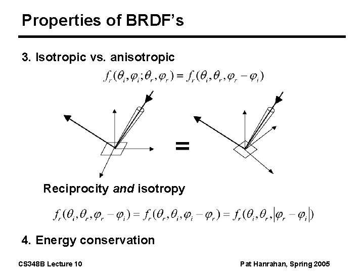 Properties of BRDF’s 3. Isotropic vs. anisotropic Reciprocity and isotropy 4. Energy conservation CS
