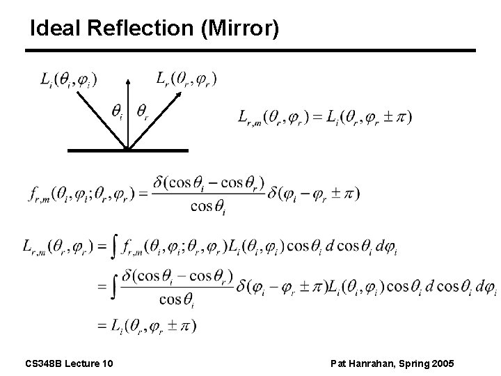 Ideal Reflection (Mirror) CS 348 B Lecture 10 Pat Hanrahan, Spring 2005 