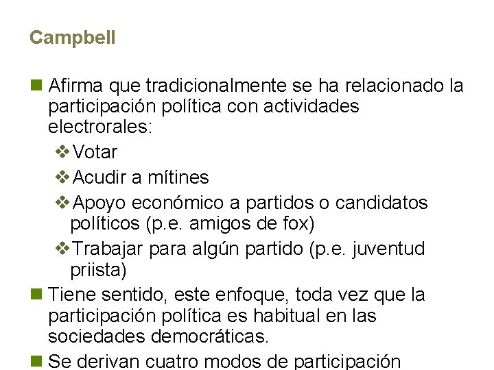 Campbell n Afirma que tradicionalmente se ha relacionado la participación política con actividades electrorales: