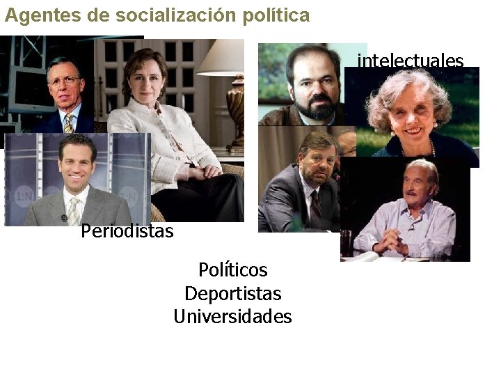 Agentes de socialización política intelectuales Periodistas Políticos Deportistas Universidades 