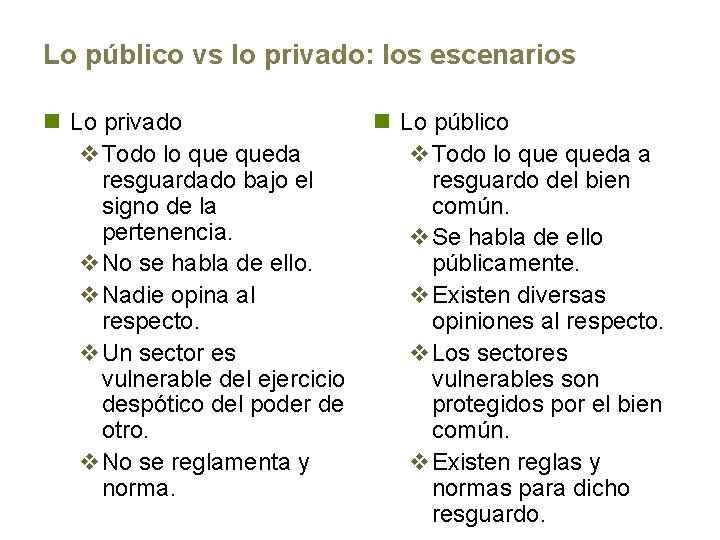 Lo público vs lo privado: los escenarios n Lo privado v. Todo lo queda