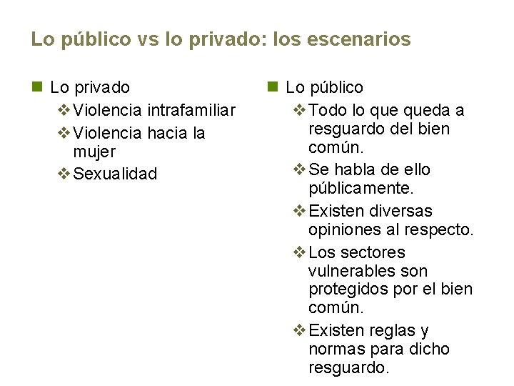 Lo público vs lo privado: los escenarios n Lo privado v. Violencia intrafamiliar v.