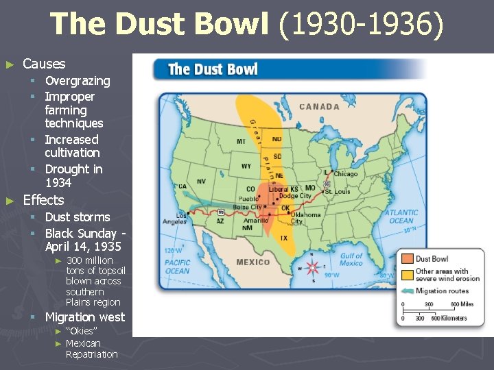 The Dust Bowl (1930 -1936) ► Causes Overgrazing Improper farming techniques § Increased cultivation