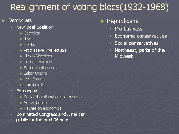 Realignment of voting blocs(1932 -1968) ► Democrats § New Deal Coalition Catholics ► Jews