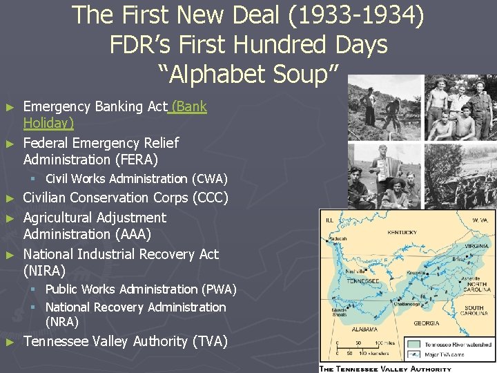 The First New Deal (1933 -1934) FDR’s First Hundred Days “Alphabet Soup” Emergency Banking