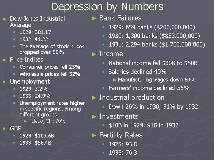 Depression by Numbers ► Dow Jones Industrial Average § § § ► 1929: 381.