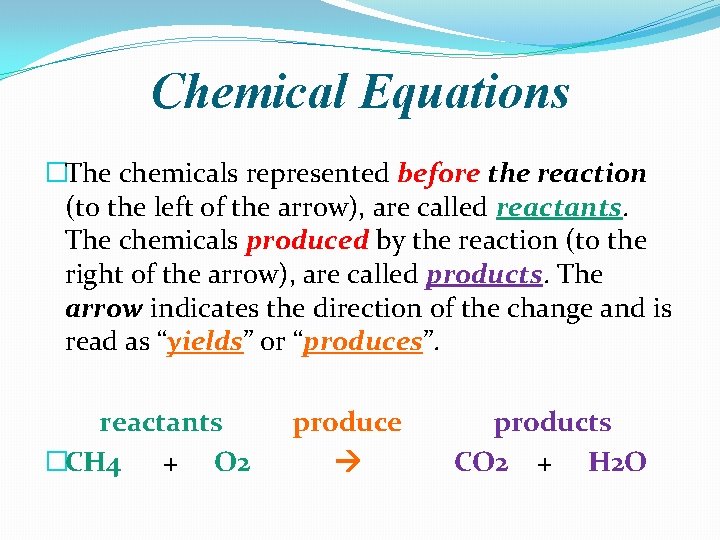 Chemical Equations �The chemicals represented before the reaction (to the left of the arrow),