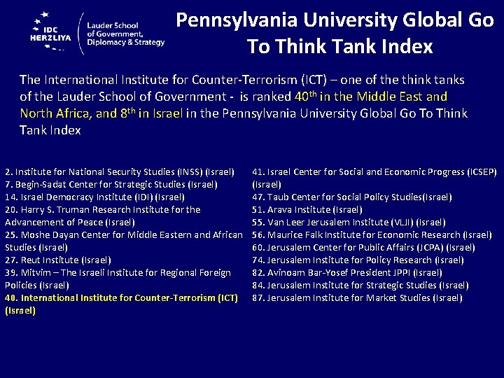 Pennsylvania University Global Go To Think Tank Index The International Institute for Counter-Terrorism (ICT)