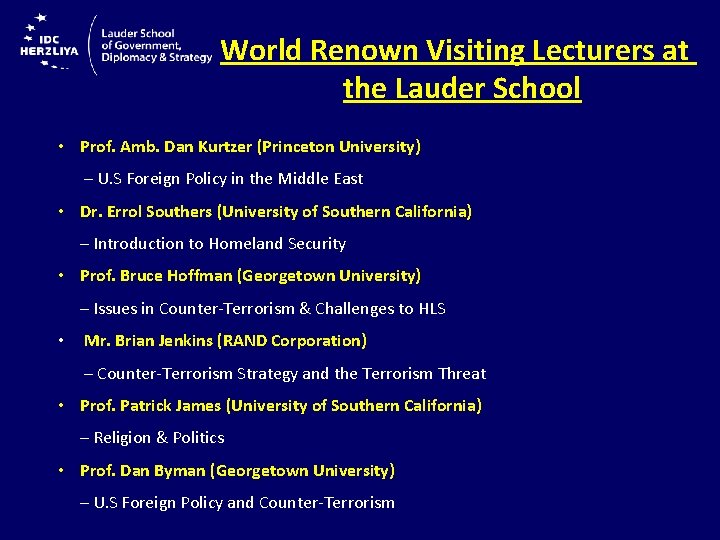World Renown Visiting Lecturers at the Lauder School • Prof. Amb. Dan Kurtzer (Princeton