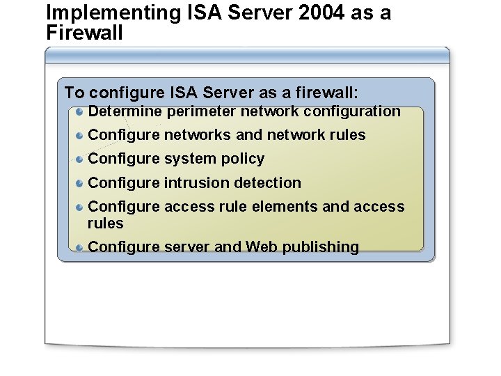 Implementing ISA Server 2004 as a Firewall To configure ISA Server as a firewall: