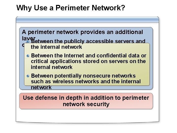 Why Use a Perimeter Network? A perimeter network provides an additional layer Between the