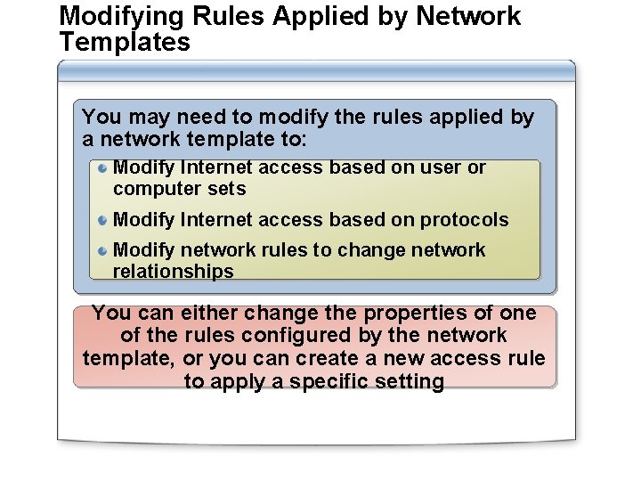 Modifying Rules Applied by Network Templates You may need to modify the rules applied