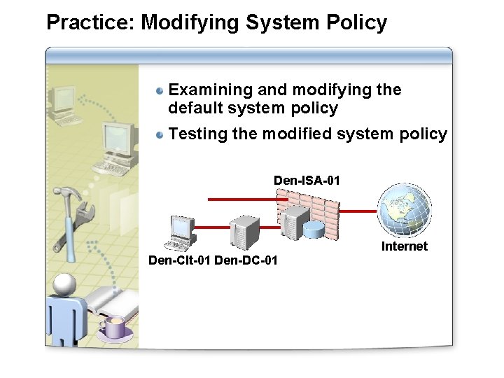 Practice: Modifying System Policy Examining and modifying the default system policy Testing the modified