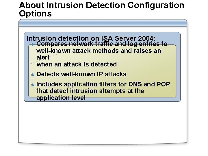 About Intrusion Detection Configuration Options Intrusion detection on ISA Server 2004: Compares network traffic