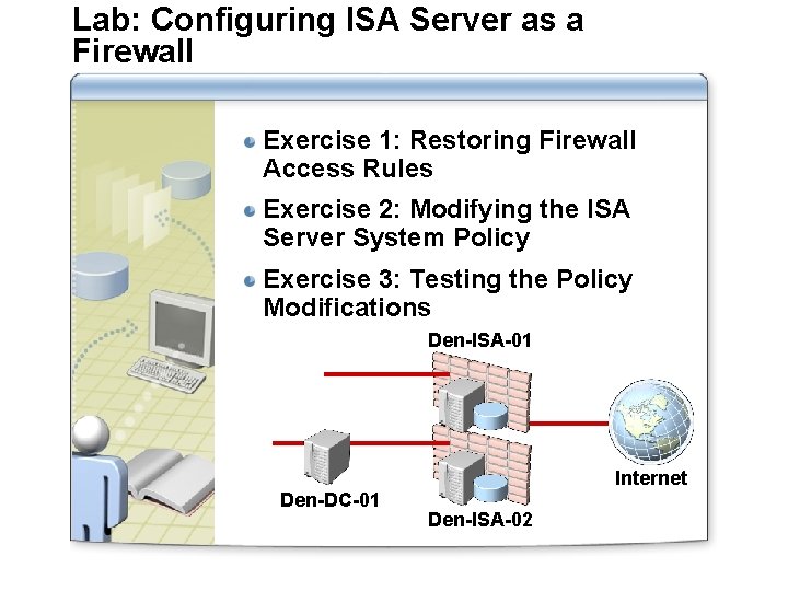 Lab: Configuring ISA Server as a Firewall Exercise 1: Restoring Firewall Access Rules Exercise