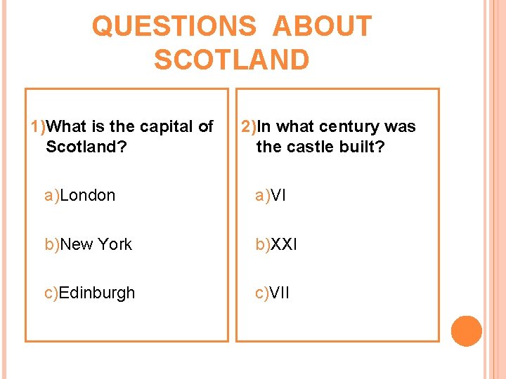 QUESTIONS ABOUT SCOTLAND 1)What is the capital of Scotland? 2)In what century was the