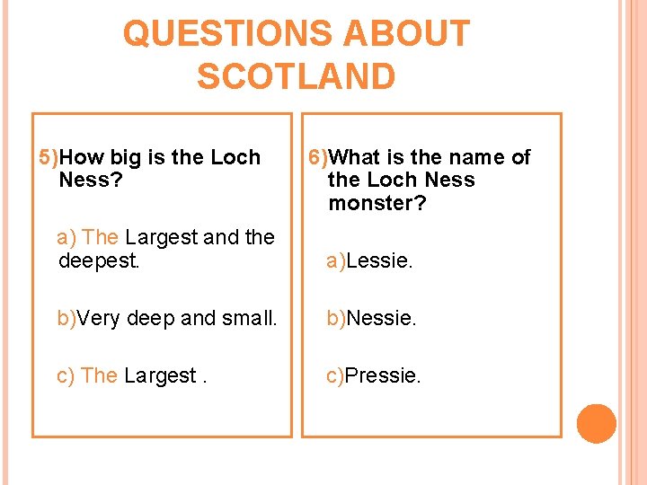 QUESTIONS ABOUT SCOTLAND 5)How big is the Loch Ness? a) The Largest and the