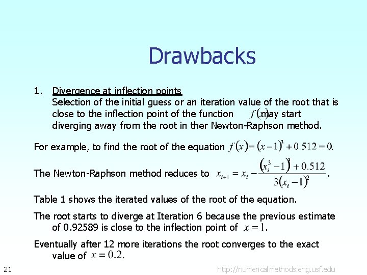 Drawbacks 1. Divergence at inflection points Selection of the initial guess or an iteration