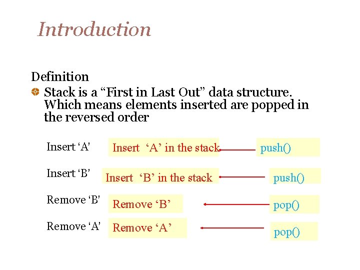 Introduction Definition Stack is a “First in Last Out” data structure. Which means elements