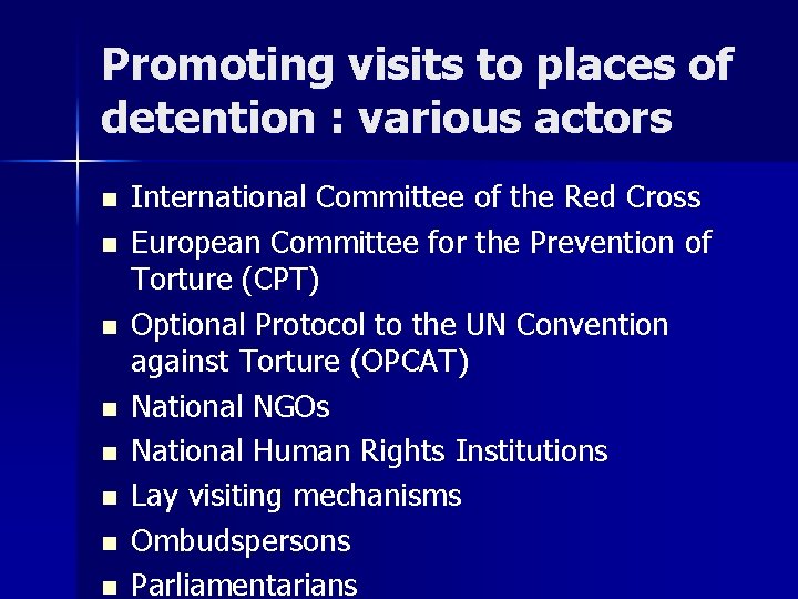 Promoting visits to places of detention : various actors n n n n International
