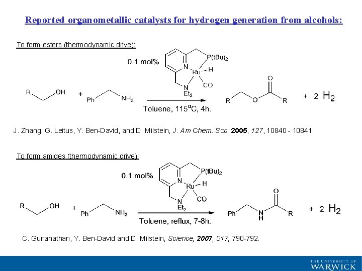 Reported organometallic catalysts for hydrogen generation from alcohols: To form esters (thermodynamic drive): J. Reported organometallic catalysts for hydrogen generation from alcohols: To form esters (thermodynamic drive): J.