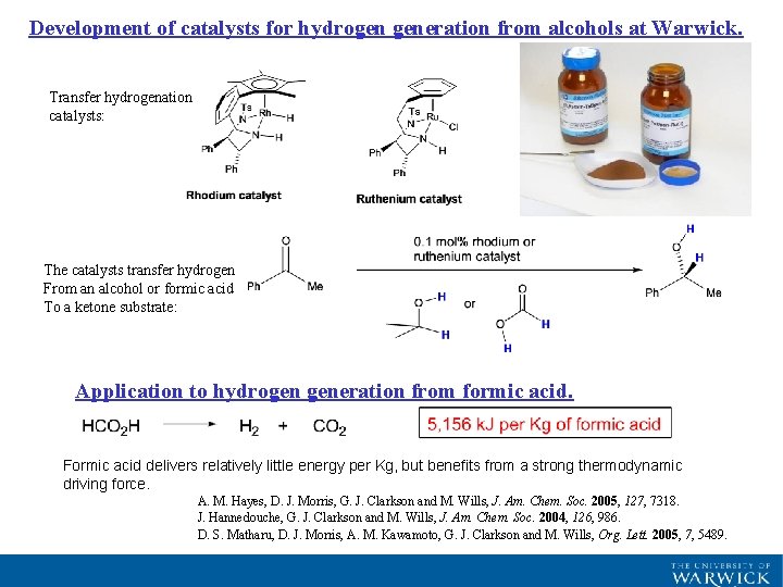 Development of catalysts for hydrogen generation from alcohols at Warwick. Transfer hydrogenation catalysts: The