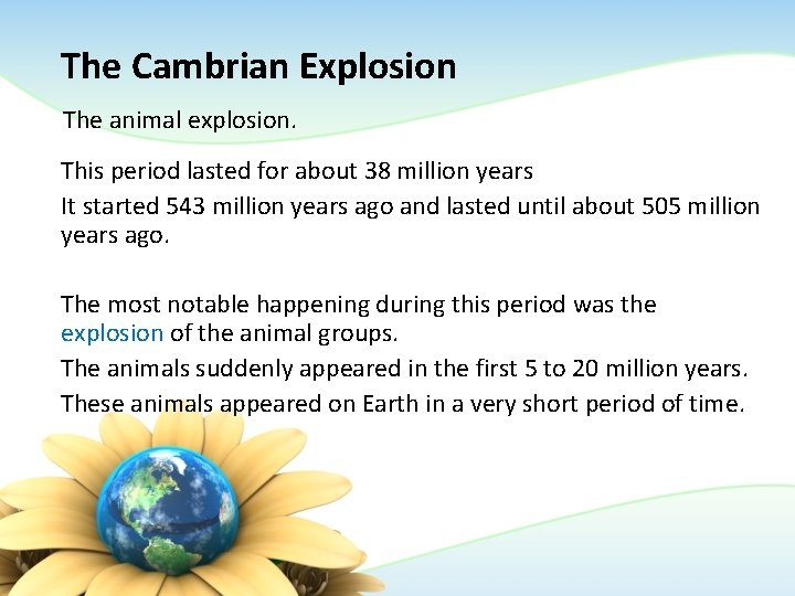 The Cambrian Explosion The animal explosion. This period lasted for about 38 million years