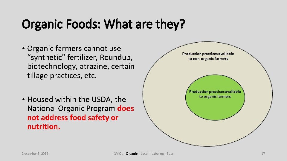 Organic Foods: What are they? • Organic farmers cannot use “synthetic” fertilizer, Roundup, biotechnology,