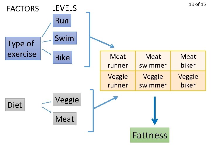 FACTORS Type of exercise Diet 13 of 16 LEVELS Run Swim Bike Meat runner FACTORS Type of exercise Diet 13 of 16 LEVELS Run Swim Bike Meat runner