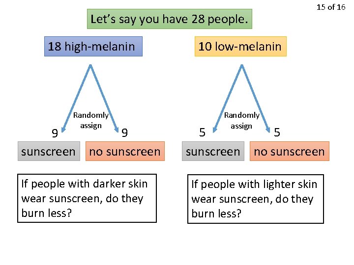 Let’s say you have 28 people. 18 high-melanin 10 low-melanin Randomly assign 9 9
