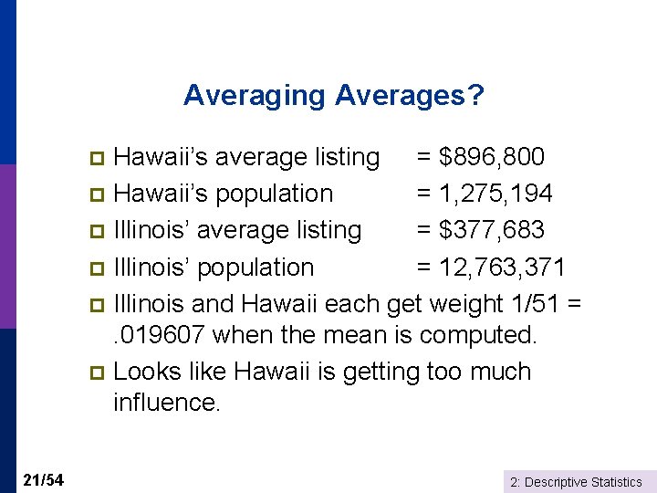 Averaging Averages? Hawaii’s average listing = $896, 800 p Hawaii’s population = 1, 275,