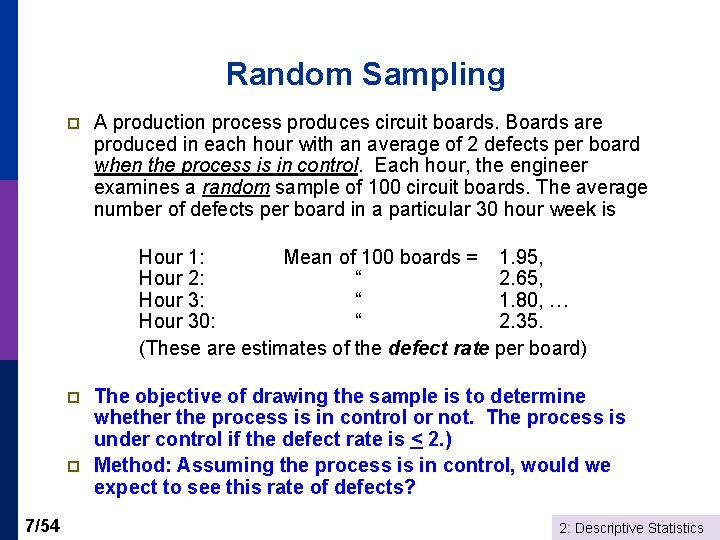 Random Sampling p A production process produces circuit boards. Boards are produced in each