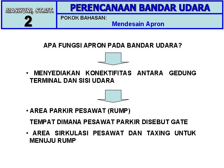 POKOK BAHASAN: Mendesain Apron APA FUNGSI APRON PADA BANDAR UDARA? • MENYEDIAKAN KONEKTIFITAS ANTARA